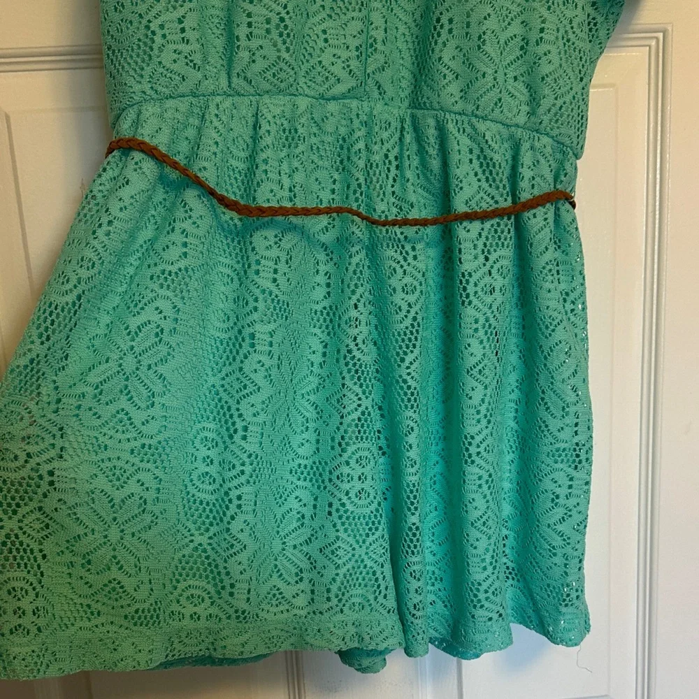 Bailey Blue Mint Lace Boho Romper with Faux Leather Belt - Picture 9 of 11
